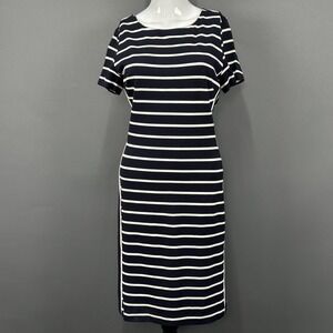 Banana Republic Dress Womens 10 Navy Blue White Striped Short Sleeve Fitted Midi